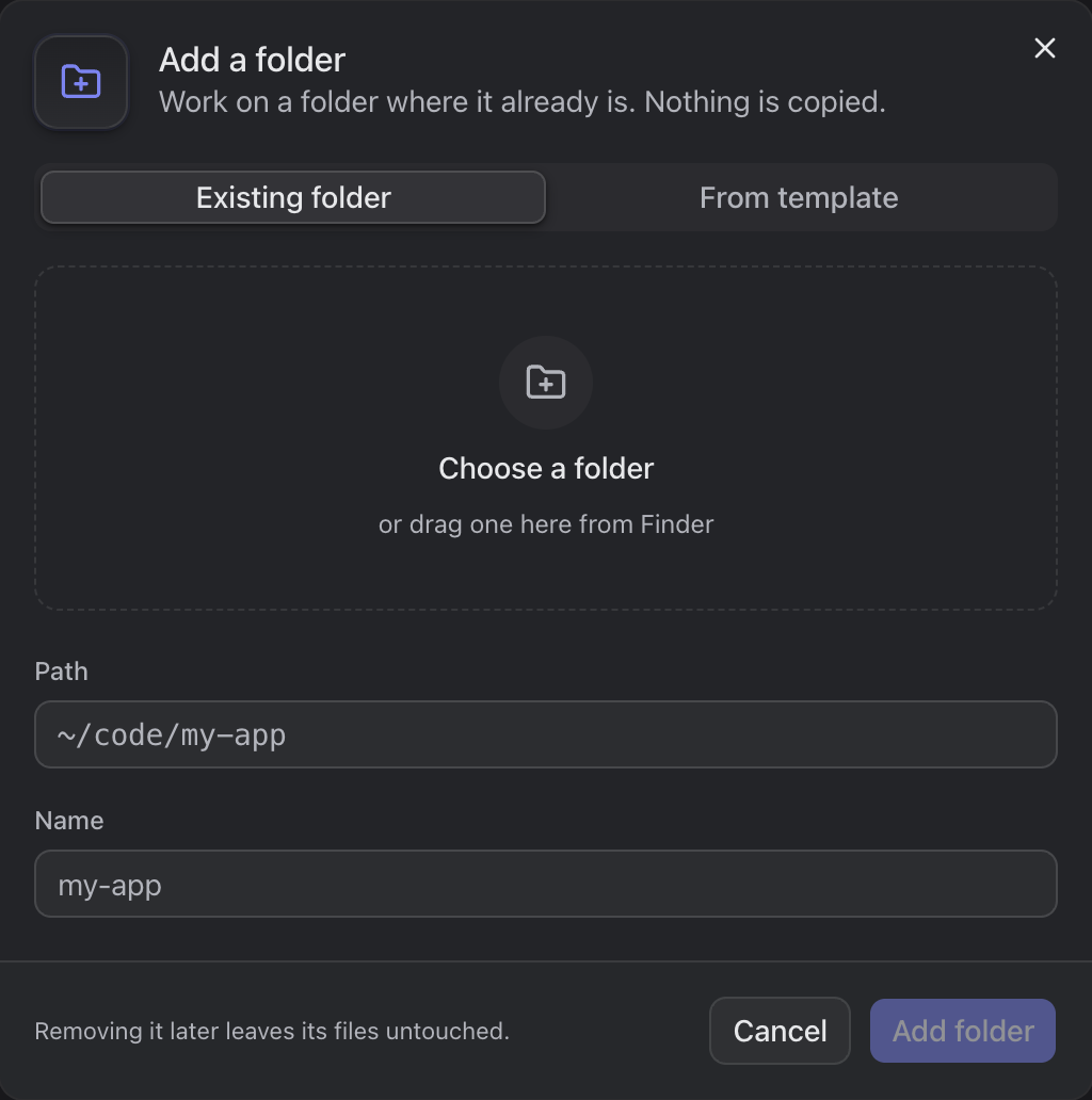 The Add a folder dialog, with Existing folder and From template tabs
