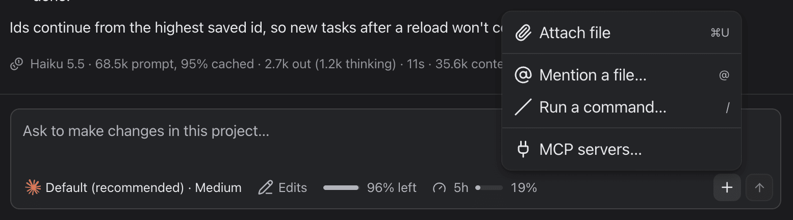 The composer's + menu: Attach file, Mention a file, Run a command, MCP servers