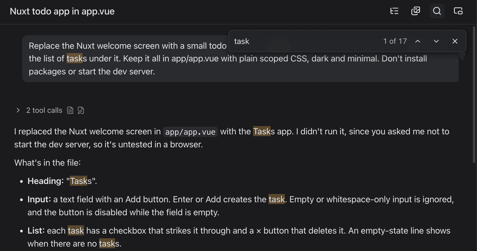 The find bar over a chat, with every match highlighted and 1 of 17