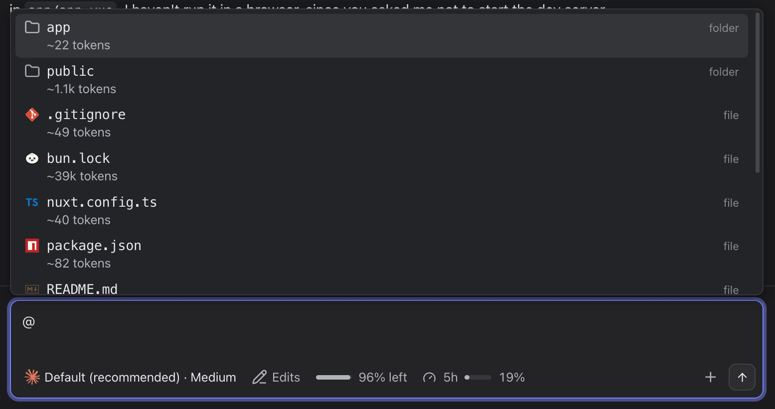 Typing @ lists the project's folders and files, each with roughly how many tokens it is
