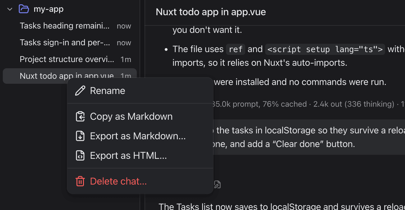 A chat's right-click menu: Rename, Copy as Markdown, Export as Markdown, Export as HTML, Delete chat