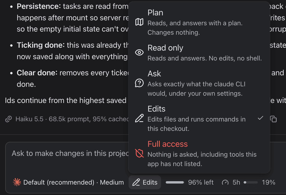 The permission menu: Plan, Read only, Ask, Edits and Full access