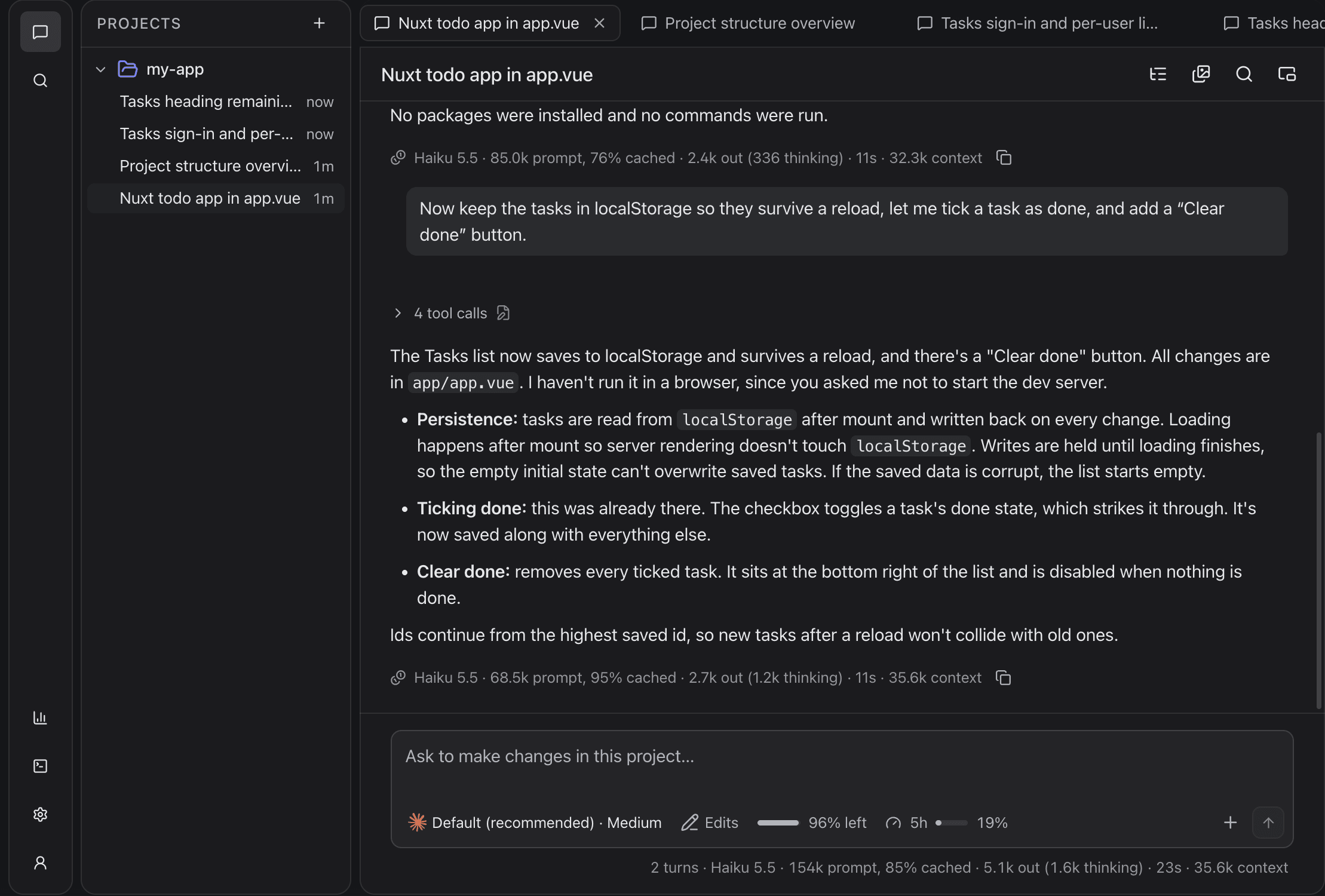 A chat: the projects column with its chats on the left, the conversation in the middle, and the composer at the bottom