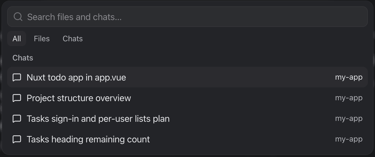 The command palette: a search field with All, Files and Chats, listing the project's chats