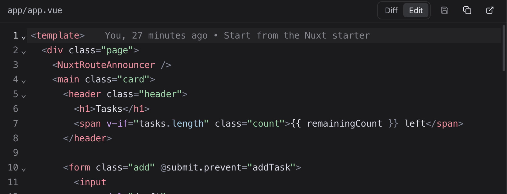 A file open in the editor, with Diff and Edit at the top and the author and commit after the current line
