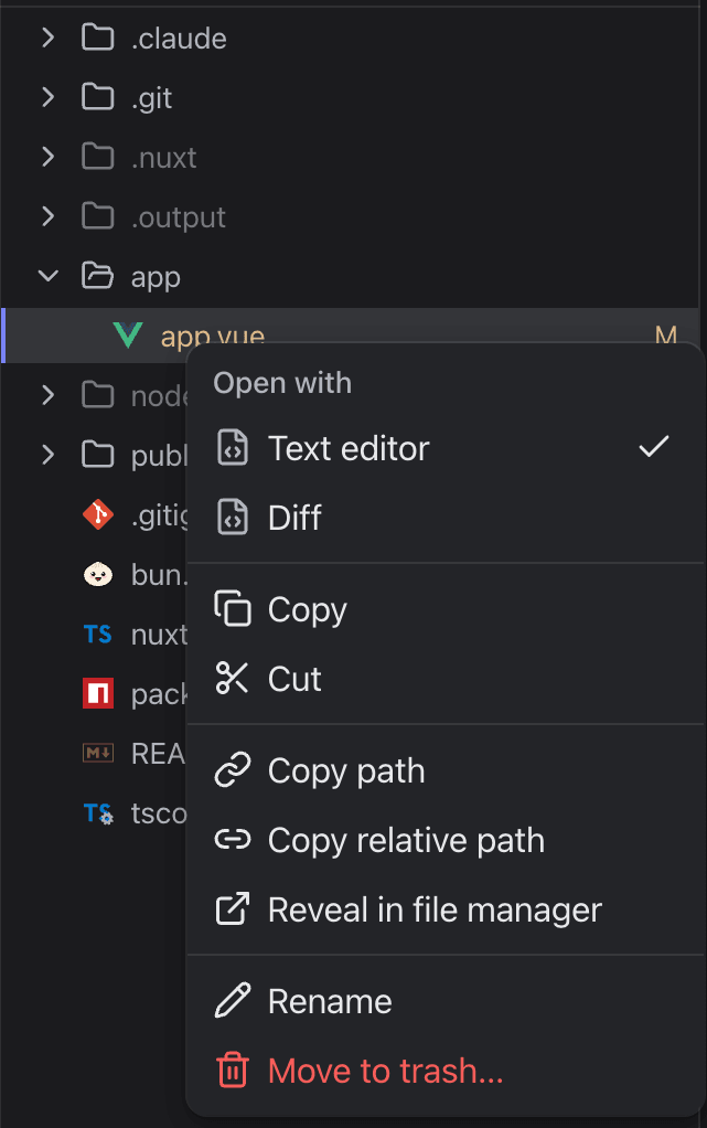 A file's right-click menu in the Explorer: Open with Text editor or Diff, Copy, Cut, Copy path, Copy relative path, Reveal in file manager, Rename, Move to trash