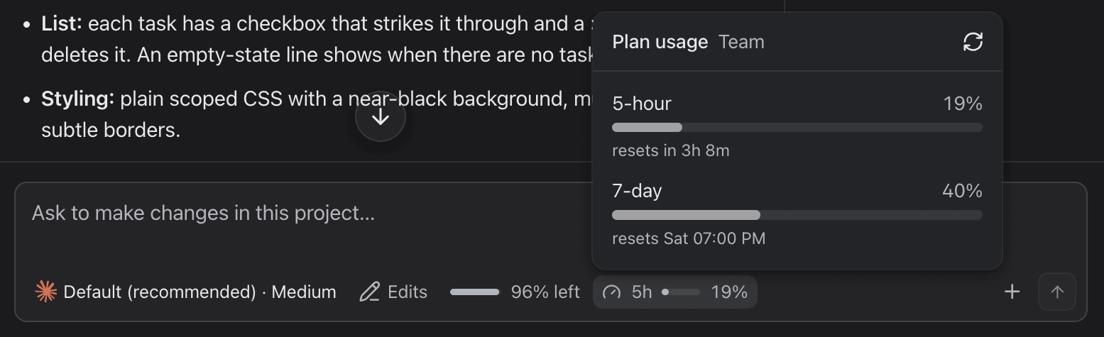 Plan usage: the 5-hour window at 19% and the 7-day window at 40%, each with when it resets