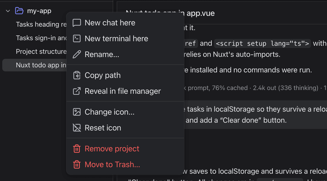 A project's right-click menu: New chat here, New terminal here, Rename, Copy path, Reveal in file manager, Change icon, Reset icon, Remove project, Move to Trash