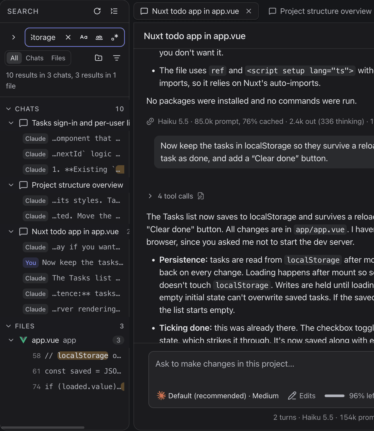 Search for localStorage: 10 results in 3 chats and 3 in one file, each chat result labelled Claude or You