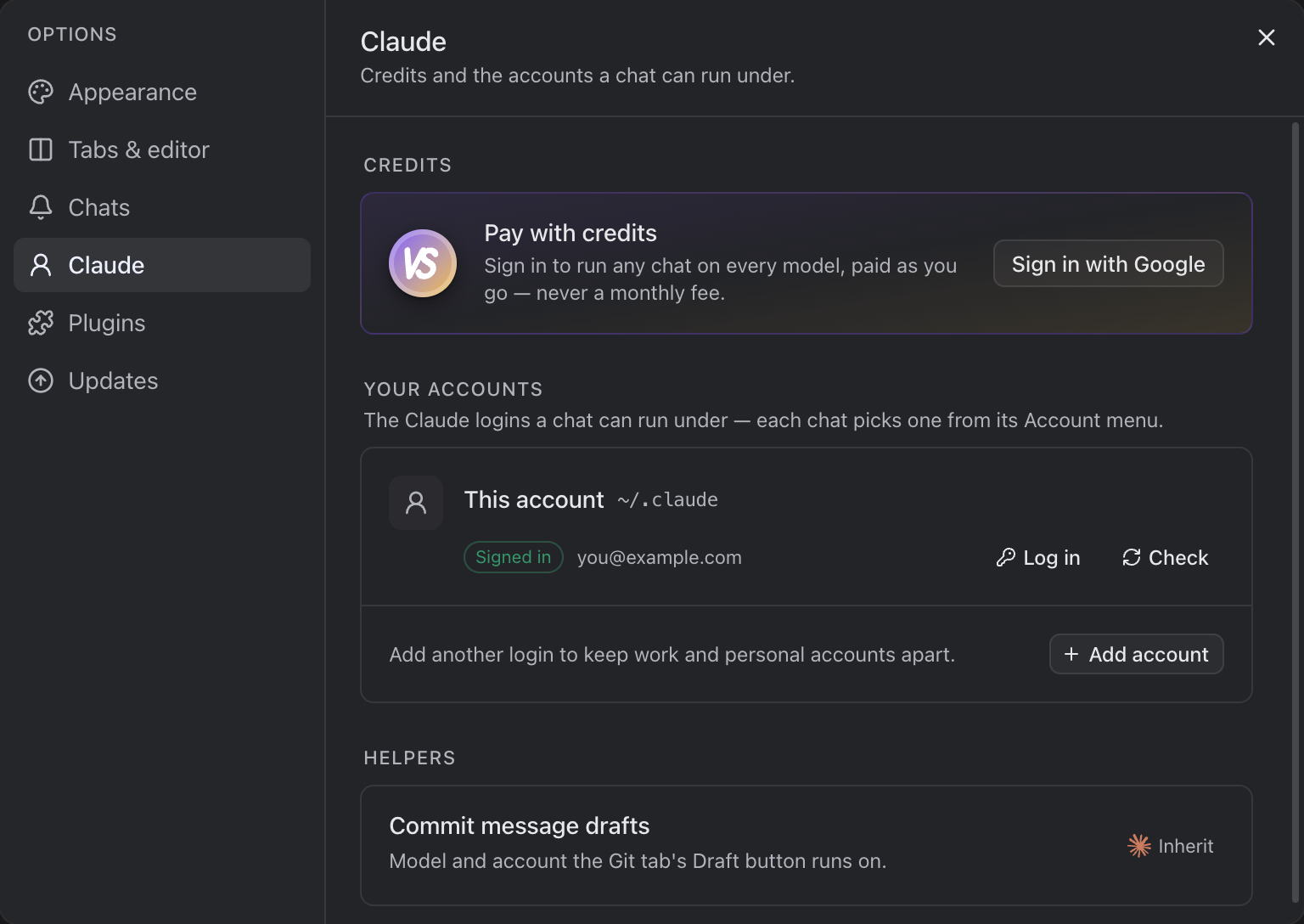 Settings › Claude: Pay with credits, then your accounts and Add account